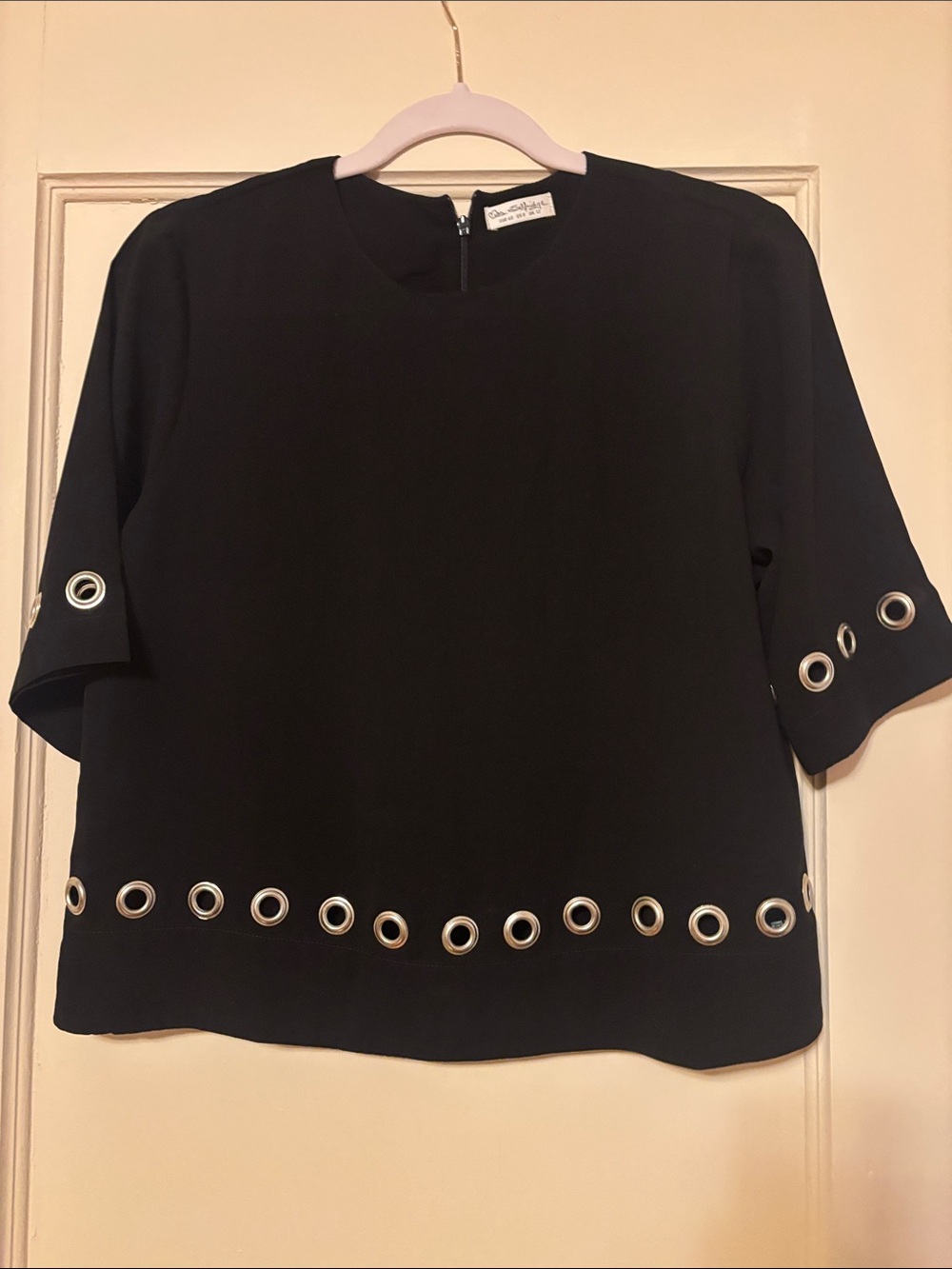 Miss Selfridge Black Short Sleeve Blouse with Silver Eyelet Trim